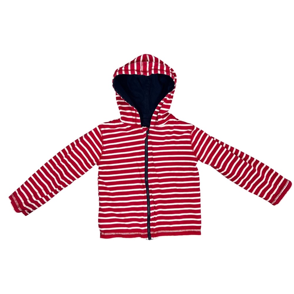 JoJo Maman Bebe Kids Reversible Hoodie Navy Red Stripe Sailboat 2-3 Yrs Nautical